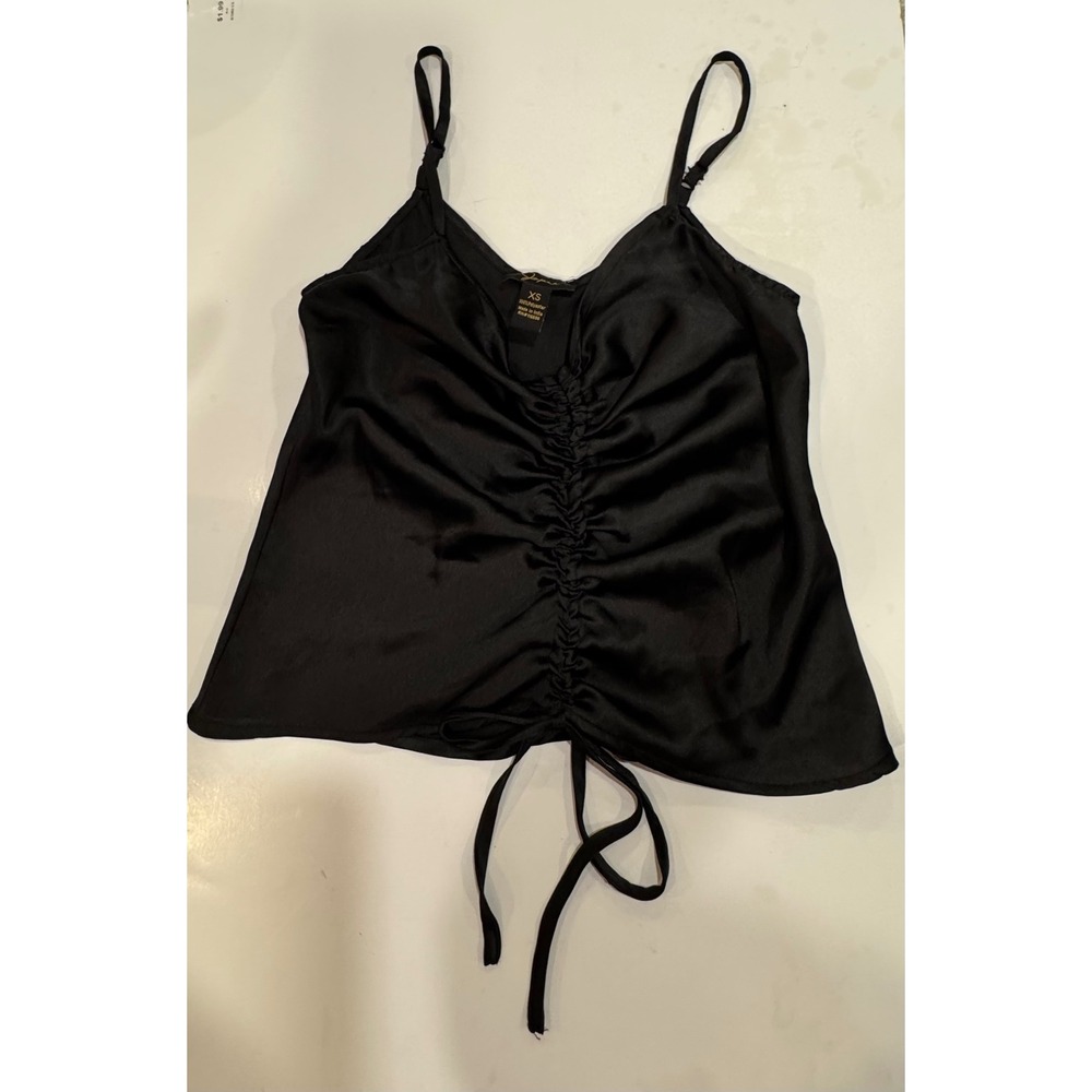 Japna Womens Black Satin Ruched Drawstring Front Camisole Top Size XS Adjustable